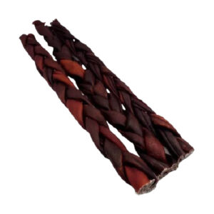 Three 12 inch Braided Beef Collagen sticks on a white background