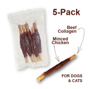 5 Pack of Minced Chicken & Beef Collagen Sticks with a single stick on the side for cats and dogs.