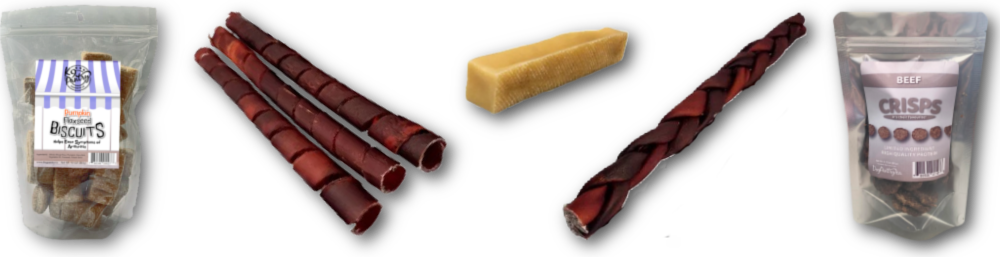 Package of Pumpkin Flaxseed Biscuits, Beef Crisps, 3 12" Spiral Collagen Sticks, 12" Braided Collagen Stick and Medium Yak Cheese Chew on a white background.