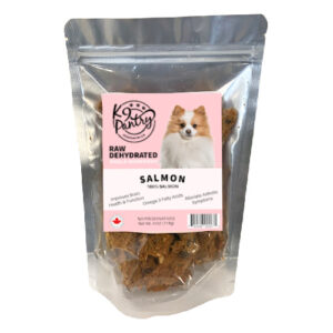 Package of Raw Dehydrated Salmon for Dogs on a white background.
