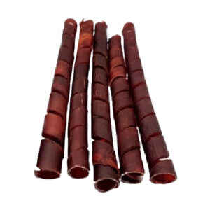 5 12 inch spiral collagen beef sticks on a white background