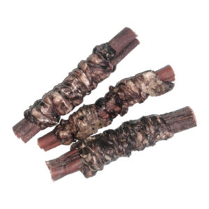 Three 6 inch beef collagen sticks wrapped in beef liver on a white background