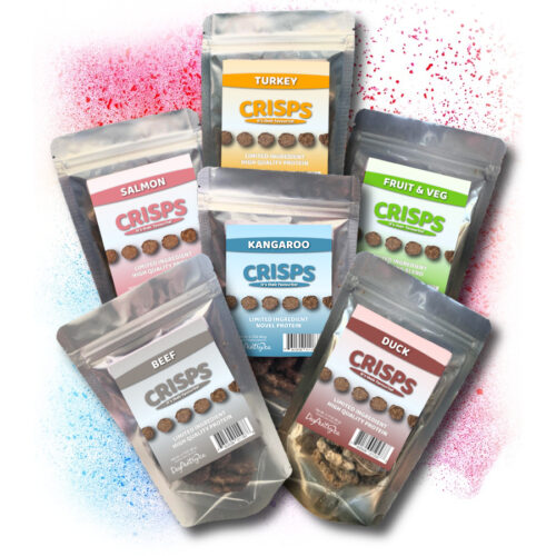 6 Colourful Crisps - The Meat Cookie packages in Turkey, Salmon, Beef, Duck, Kangaroo, and a fruit and veggie blend.